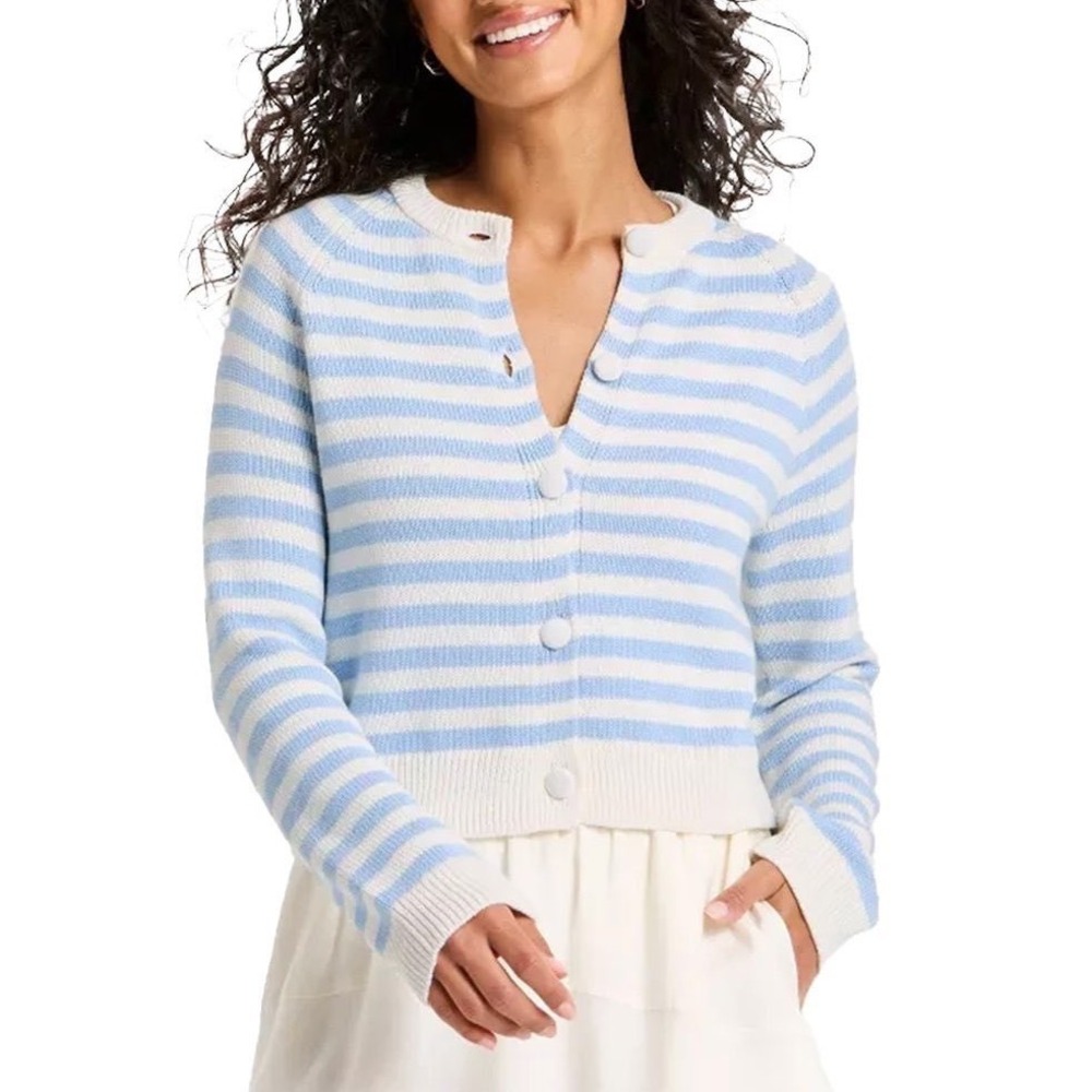 Universal Thread Cardigan Women M Blue White Striped Cotton Button Front Sweater